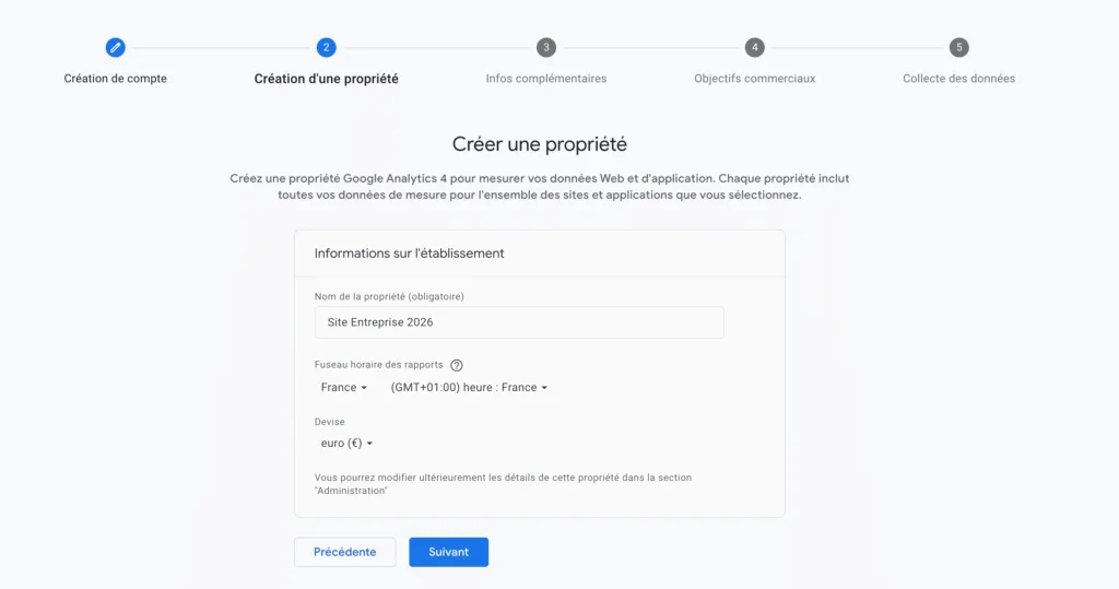 création propriété Google Analytics 4 simplement 