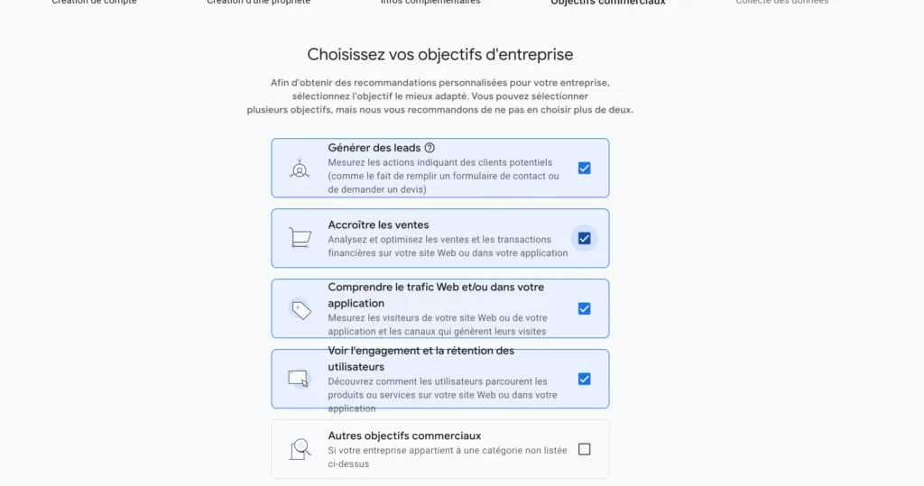 Choix des objectifs business pour paramétrer le suivi personnalisé