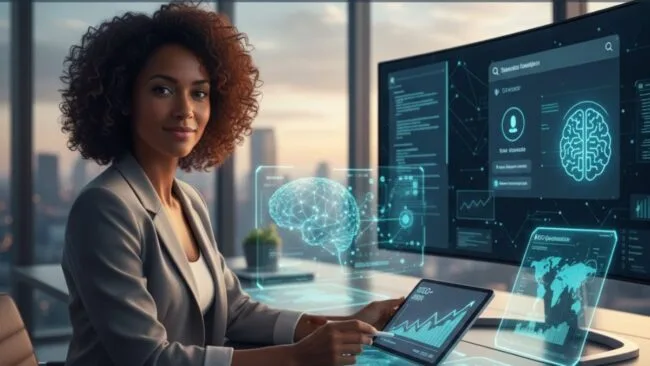 Illustration of a marketing writer structuring an article for generative AI, with semantic schema and connected keywords (SEO, GEO, 2026)