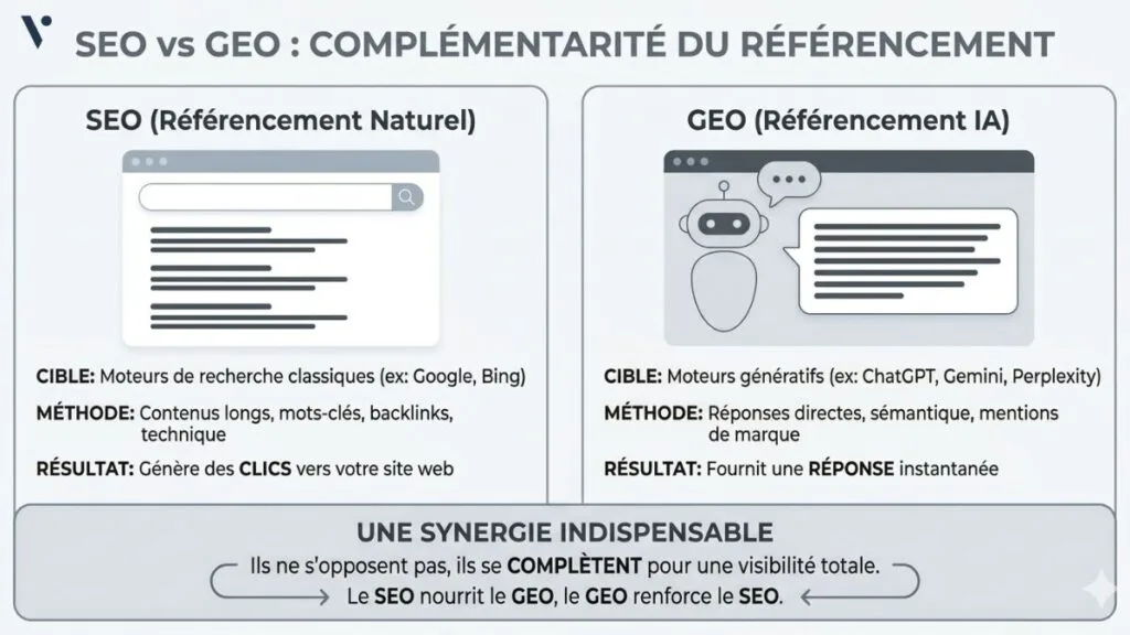 SEO vs GEO, complémentarité référencement naturel 
