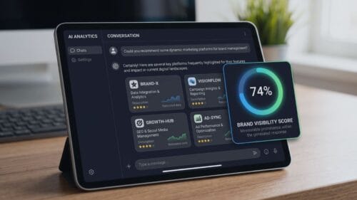 Interface de chat IA affichant une jauge de visibilité de marque, illustrant le Share of Model comme nouveau KPI de référencement IA en 2026
